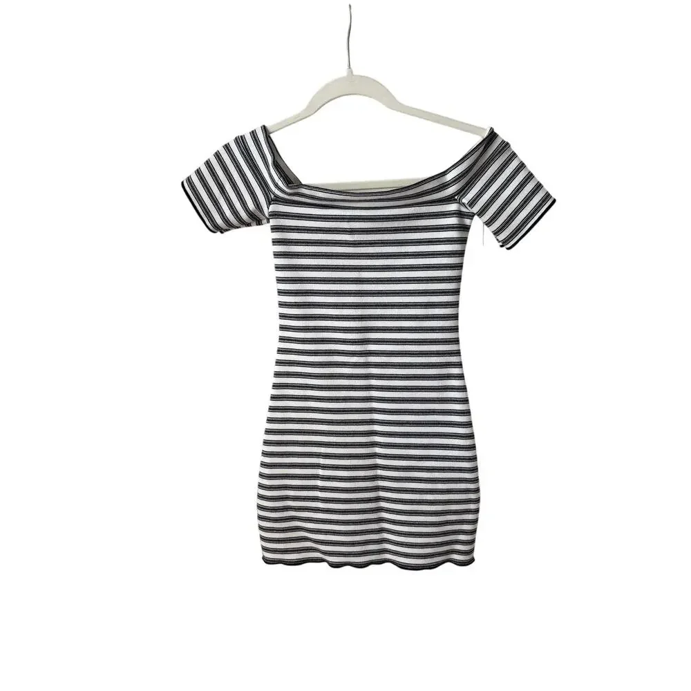 ZARA Striped Mini Dress Women Size S Bodycon Off Shoulder Knit Dress - Picture 3 of 6